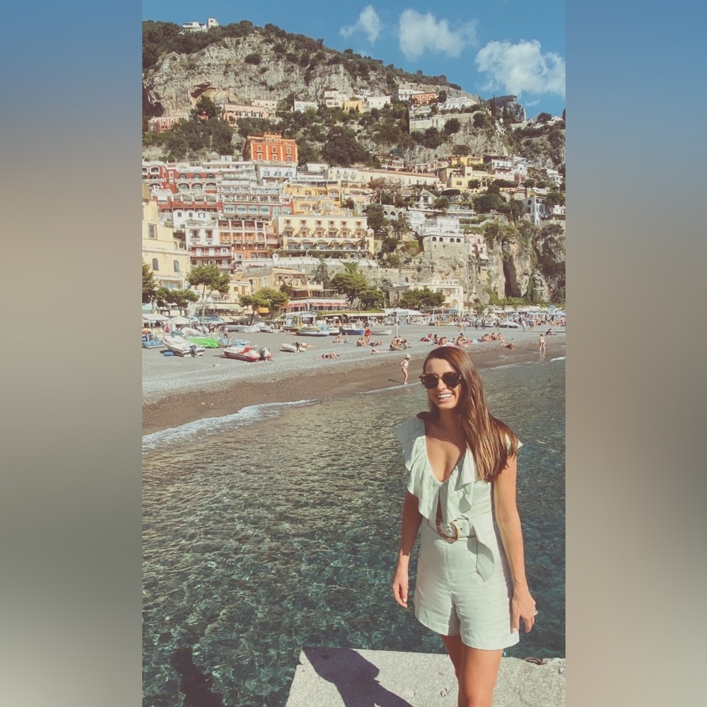 Mint green linen romper with rattan belt